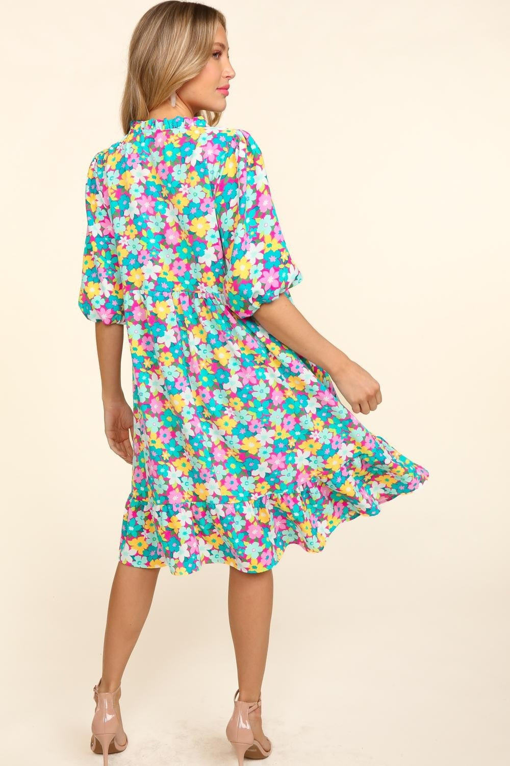 Haptics Bubble Sleeve Floral Ruffled Dress-1