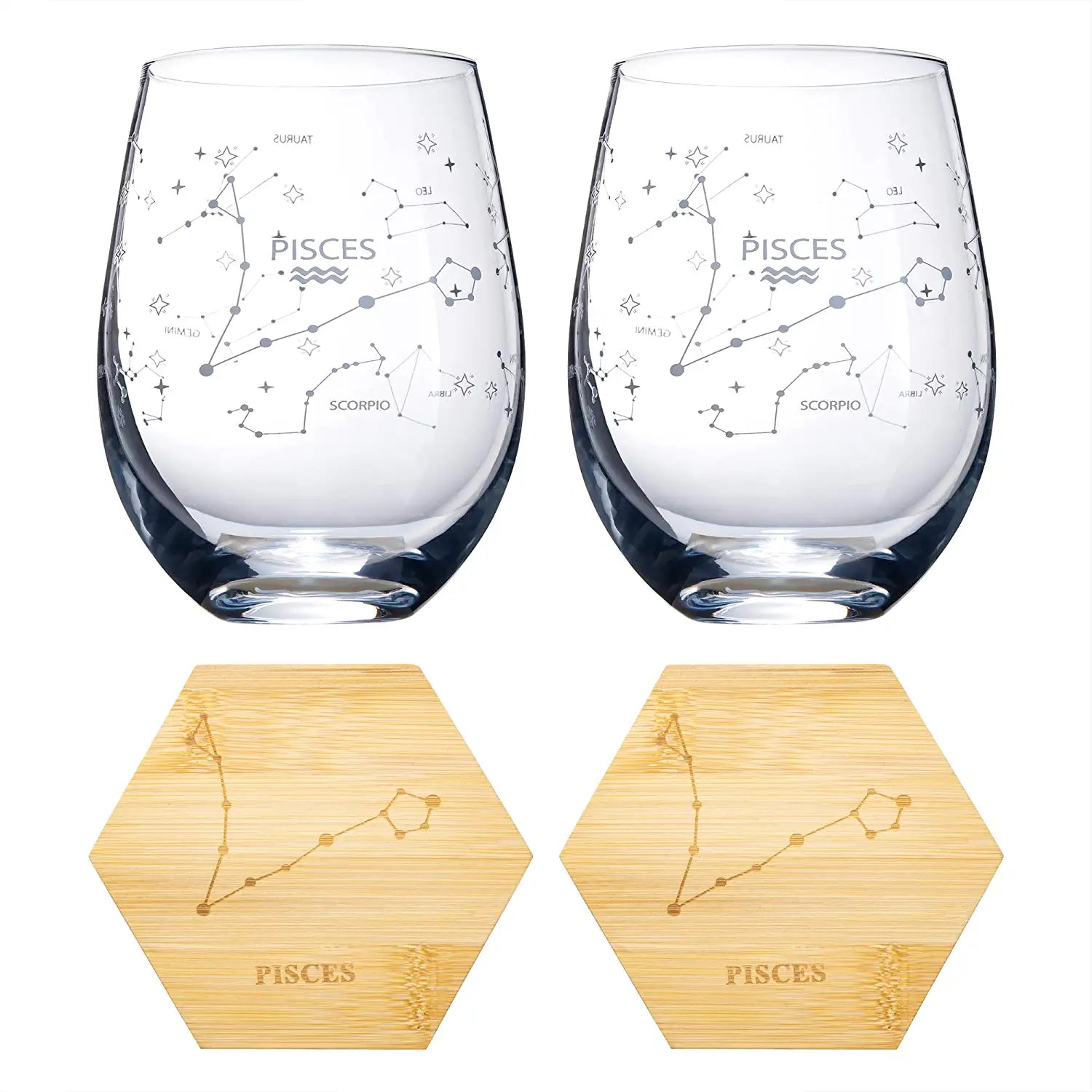 Set of 2 Zodiac Sign Wine Glasses with 2 Wooden Coasters by The Wine Savant - Astrology Drinking Glass Set with Etched Constellation Tumblers for Juice, Water Home Bar Horoscope Gifts 18oz (Pisces)-4