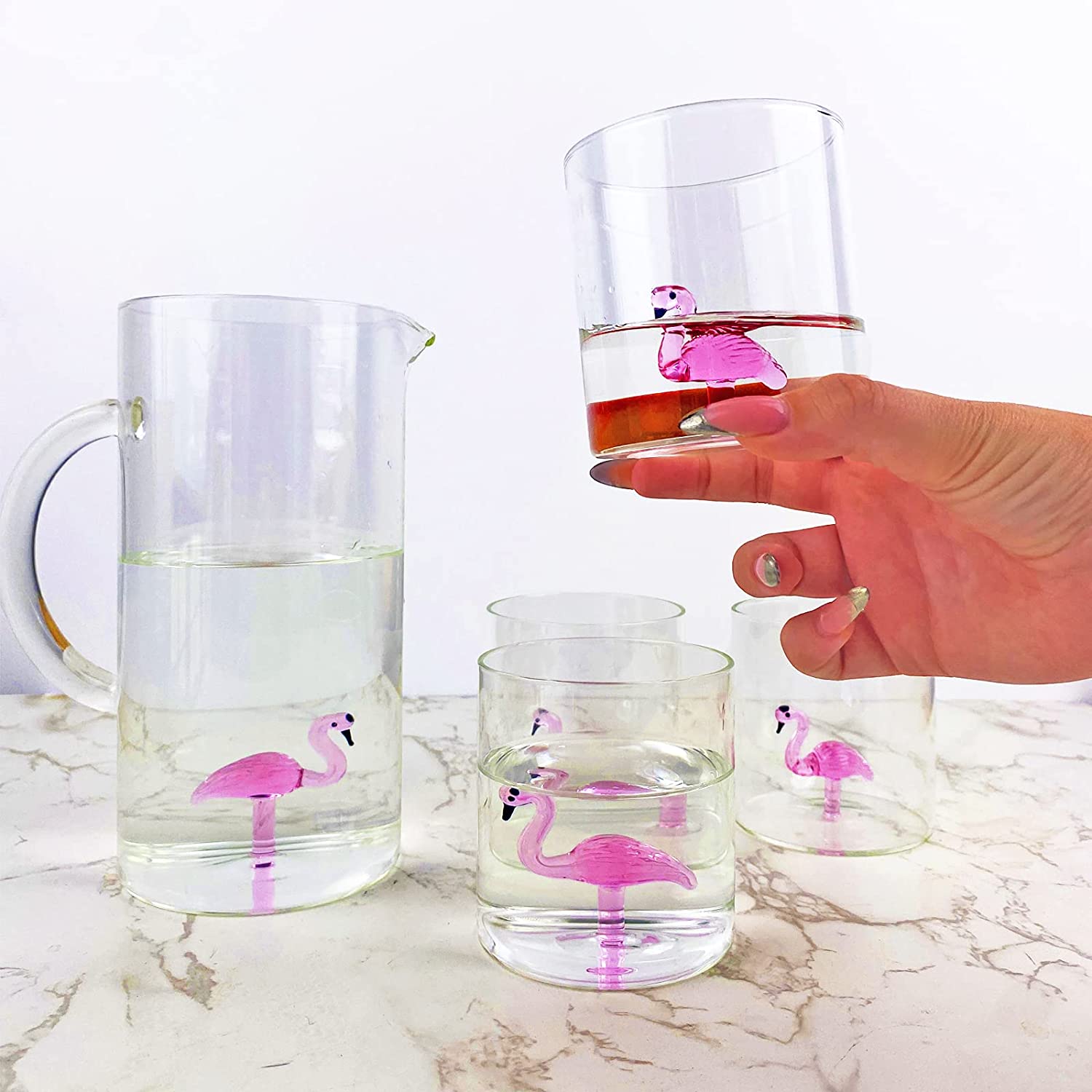 The Wine Savant Flamingo Pitcher &amp; 4 Glasses Set Decanter with 4 Pink Flamingo Glasses 9oz Elegant Glass Set, Great for Water Iced Tea, Sangria, Lemonade, and More! 1300ml 9&quot; H, Cute!-1