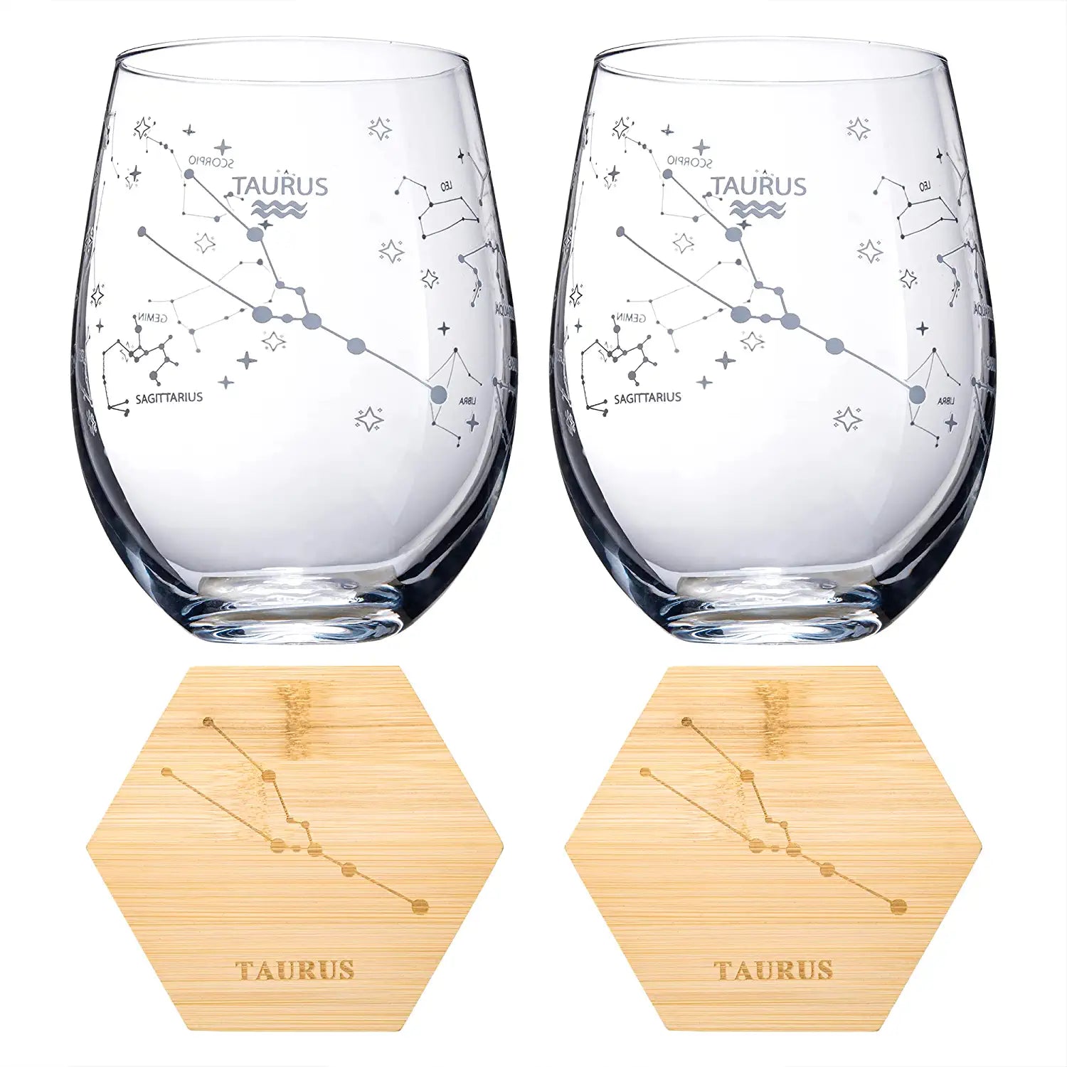 Set of 2 Zodiac Sign Wine Glasses with 2 Wooden Coasters by The Wine Savant - Astrology Drinking Glass Set with Etched Constellation Tumblers for Juice, Water Home Bar Horoscope Gifts 18oz (Taurus)-4