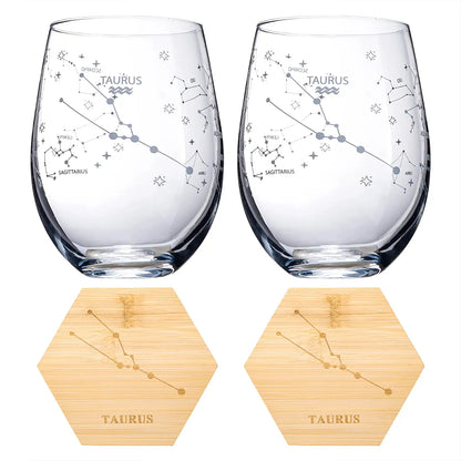 Set of 2 Zodiac Sign Wine Glasses with 2 Wooden Coasters by The Wine Savant - Astrology Drinking Glass Set with Etched Constellation Tumblers for Juice, Water Home Bar Horoscope Gifts 18oz (Taurus)-4