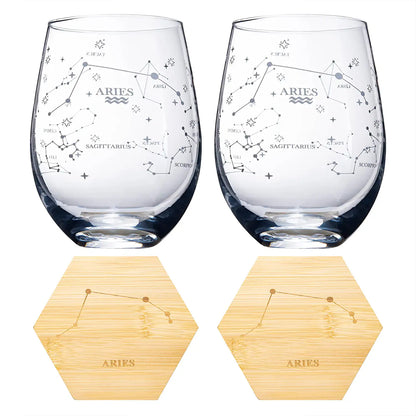 Set of 2 Zodiac Sign Wine Glasses with 2 Wooden Coasters by The Wine Savant - Astrology Drinking Glass Set with Etched Constellation Tumblers for Juice, Water Home Bar Horoscope Gifts 18oz (Aries)-4