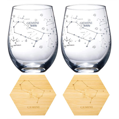 Set of 2 Zodiac Sign Wine Glasses with 2 Wooden Coasters by The Wine Savant - Astrology Drinking Glass Set with Etched Constellation Tumblers for Juice, Water Home Bar Horoscope Gifts 18oz (Gemini)-4