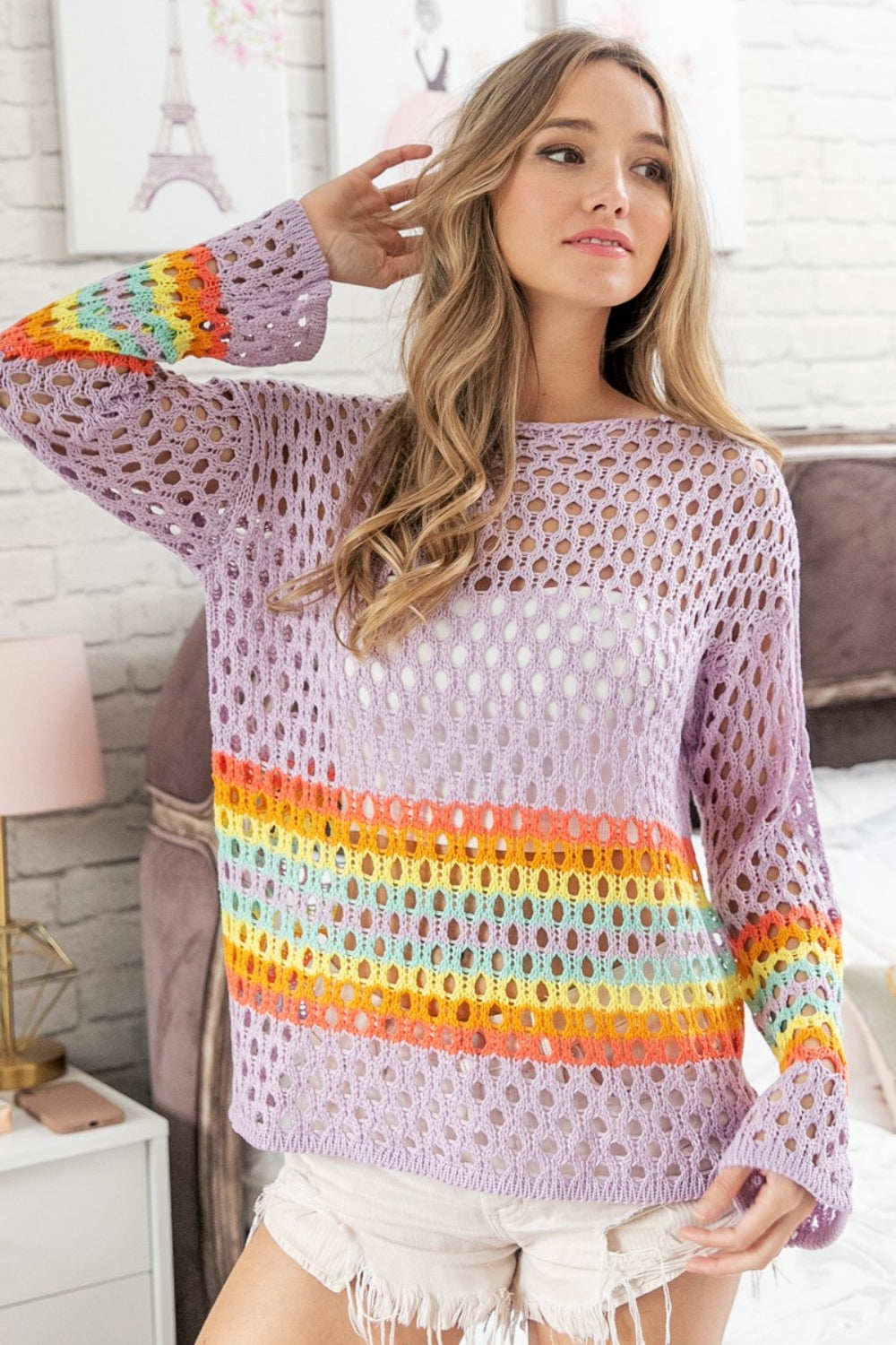 BiBi Rainbow Stripe Hollow Out Cover Up-0