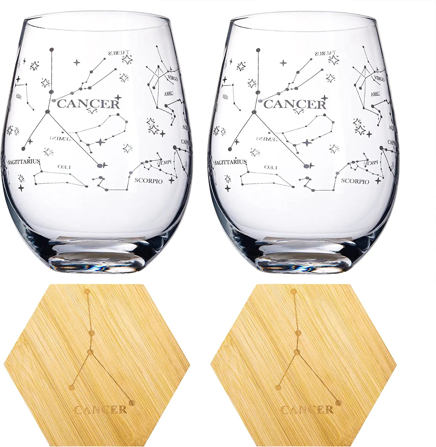 Set of 2 Zodiac Sign Wine Glasses with 2 Wooden Coasters by The Wine Savant - Astrology Drinking Glass Set with Etched Constellation Tumblers for Juice, Water Home Bar Horoscope Gifts 18oz (Cancer)-4