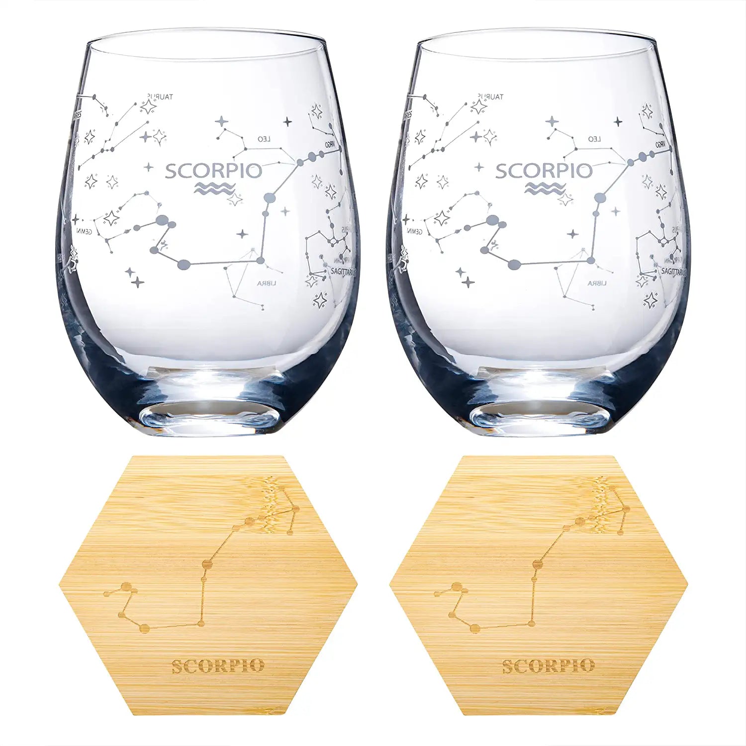 Set of 2 Zodiac Sign Wine Glasses with 2 Wooden Coasters by The Wine Savant - Astrology Drinking Glass Set with Etched Constellation Tumblers for Juice, Water Home Bar Horoscope Gifts 18oz (Scorpio)-4