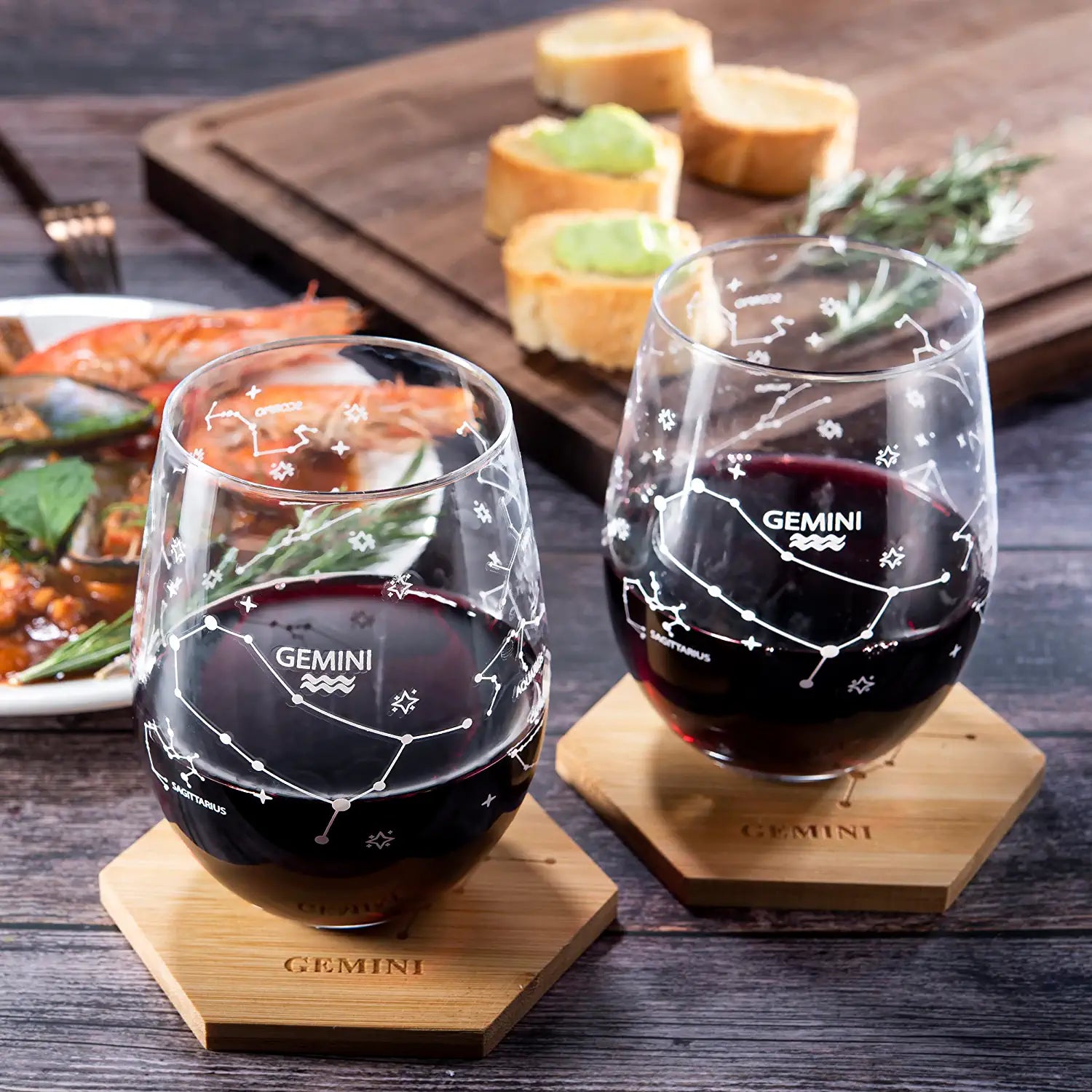 Set of 2 Zodiac Sign Wine Glasses with 2 Wooden Coasters by The Wine Savant - Astrology Drinking Glass Set with Etched Constellation Tumblers for Juice, Water Home Bar Horoscope Gifts 18oz (Gemini)-1