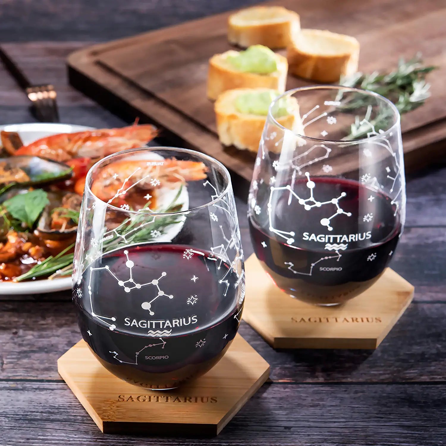 Set of 2 Zodiac Sign Wine Glasses with 2 Wooden Coasters by The Wine Savant - Astrology Drinking Glass Set with Etched Constellation Tumblers for Juice, Home Bar Horoscope Gifts 18oz (Sagittarius)-1