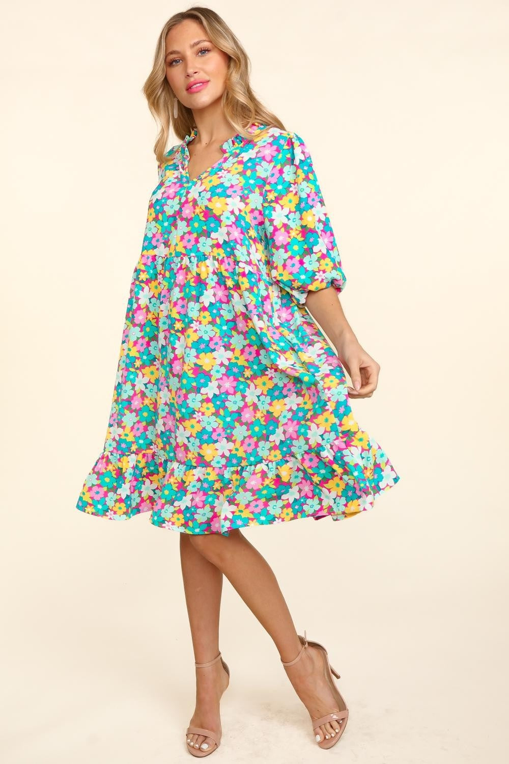 Haptics Bubble Sleeve Floral Ruffled Dress-2