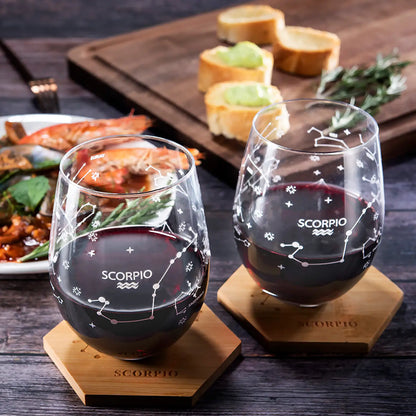 Set of 2 Zodiac Sign Wine Glasses with 2 Wooden Coasters by The Wine Savant - Astrology Drinking Glass Set with Etched Constellation Tumblers for Juice, Water Home Bar Horoscope Gifts 18oz (Scorpio)-1