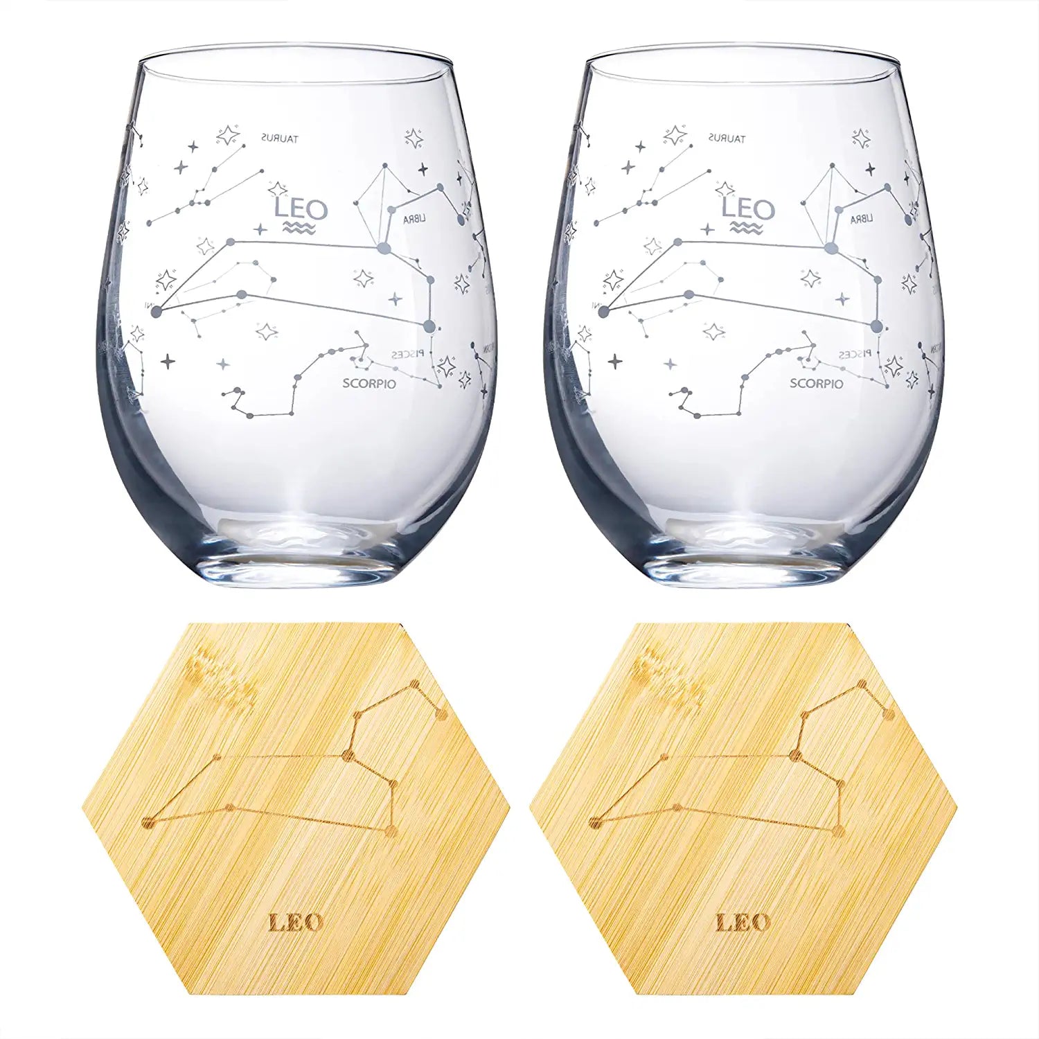 Set of 2 Zodiac Sign Wine Glasses with 2 Wooden Coasters by The Wine Savant - Astrology Drinking Glass Set with Etched Constellation Tumblers for Juice, Water Home Bar Horoscope Gifts 18oz (Leo)-4