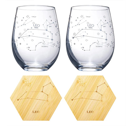 Set of 2 Zodiac Sign Wine Glasses with 2 Wooden Coasters by The Wine Savant - Astrology Drinking Glass Set with Etched Constellation Tumblers for Juice, Water Home Bar Horoscope Gifts 18oz (Leo)-4