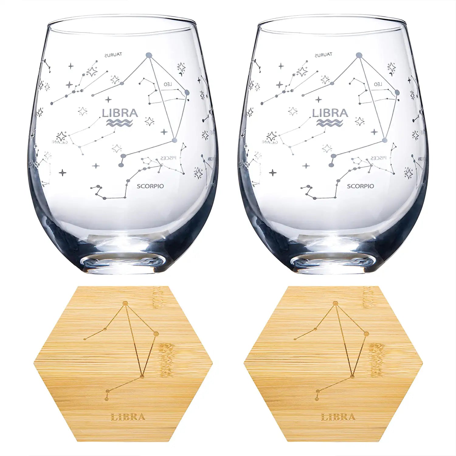 Set of 2 Zodiac Sign Wine Glasses with 2 Wooden Coasters by The Wine Savant - Astrology Drinking Glass Set with Etched Constellation Tumblers for Juice, Water Home Bar Horoscope Gifts 18oz (Libra)-4