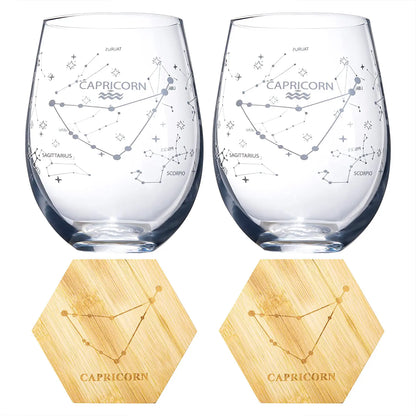 Set of 2 Zodiac Sign Wine Glasses with 2 Wooden Coasters by The Wine Savant - Astrology Drinking Glass Set with Etched Constellation Tumblers for Juice, Water Home Bar Horoscope Gifts 18oz (Capricorn)-4