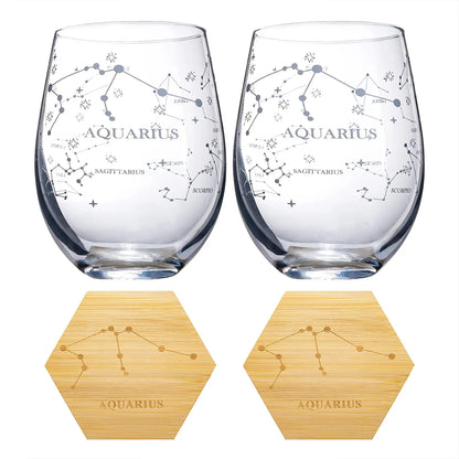 Set of 2 Zodiac Sign Wine Glasses with 2 Wooden Coasters by The Wine Savant - Astrology Drinking Glass Set with Etched Constellation Tumblers for Juice, Water Home Bar Horoscope Gifts 18oz (Aquarius)-4