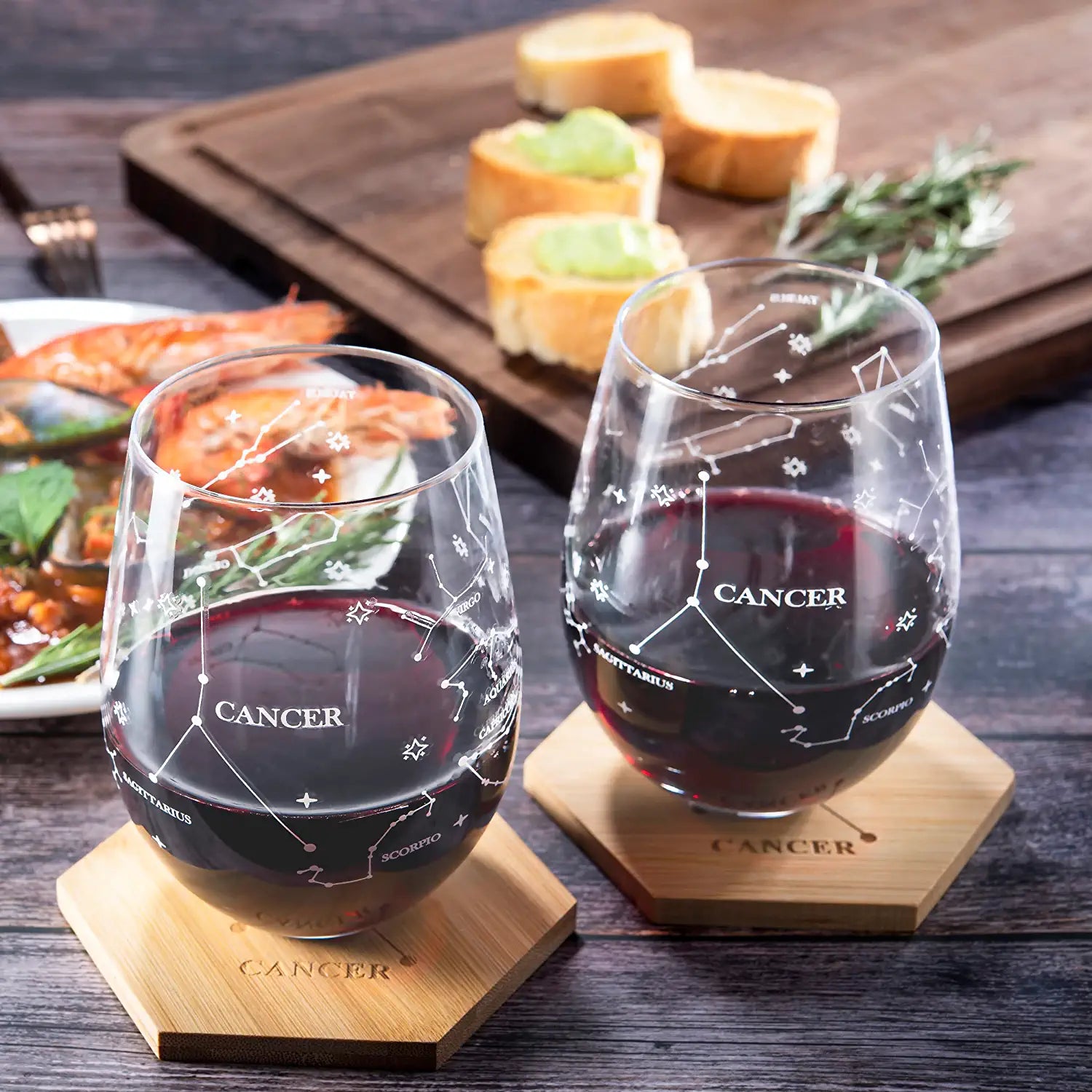 Set of 2 Zodiac Sign Wine Glasses with 2 Wooden Coasters by The Wine Savant - Astrology Drinking Glass Set with Etched Constellation Tumblers for Juice, Water Home Bar Horoscope Gifts 18oz (Cancer)-1