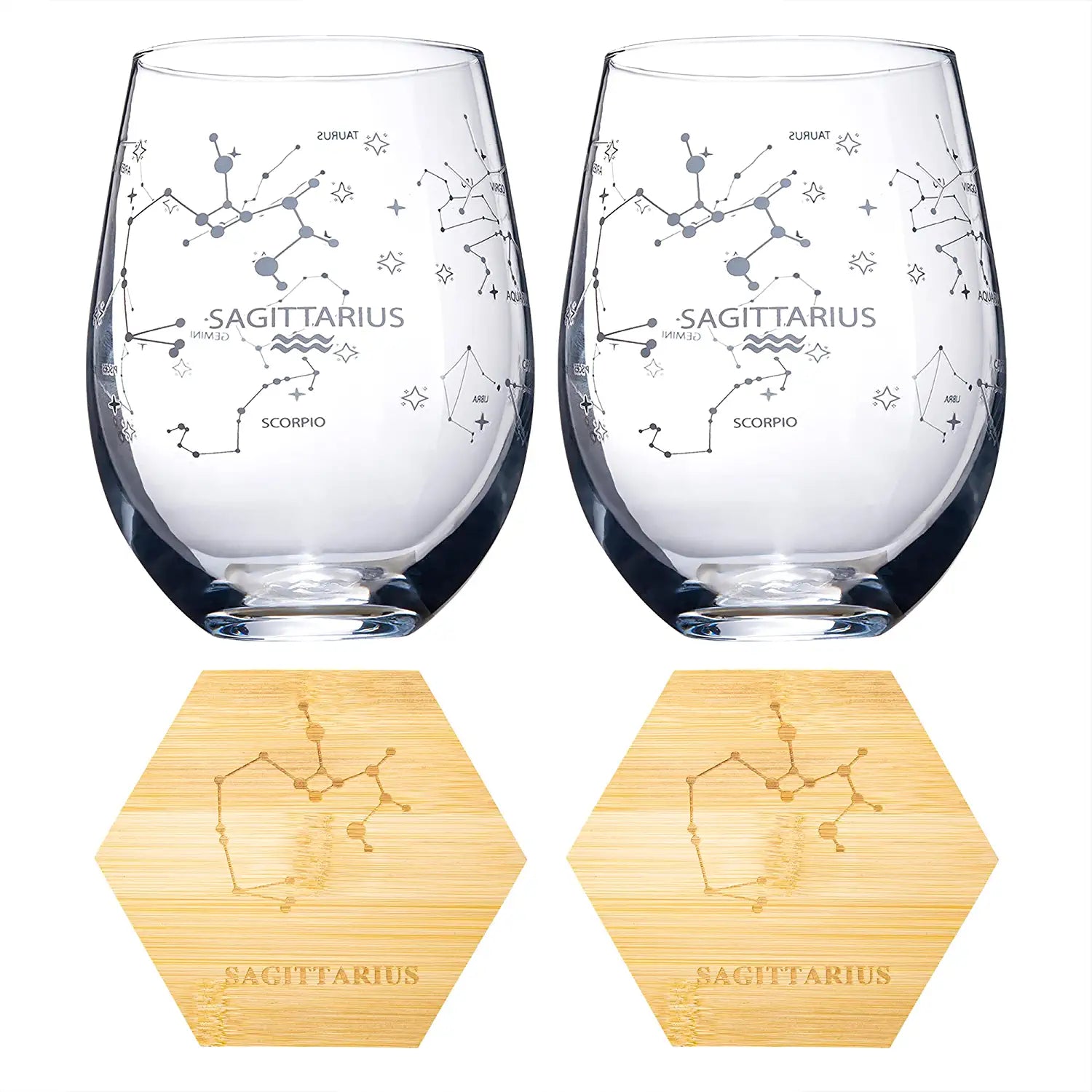 Set of 2 Zodiac Sign Wine Glasses with 2 Wooden Coasters by The Wine Savant - Astrology Drinking Glass Set with Etched Constellation Tumblers for Juice, Home Bar Horoscope Gifts 18oz (Sagittarius)-4