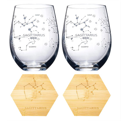 Set of 2 Zodiac Sign Wine Glasses with 2 Wooden Coasters by The Wine Savant - Astrology Drinking Glass Set with Etched Constellation Tumblers for Juice, Home Bar Horoscope Gifts 18oz (Sagittarius)-4