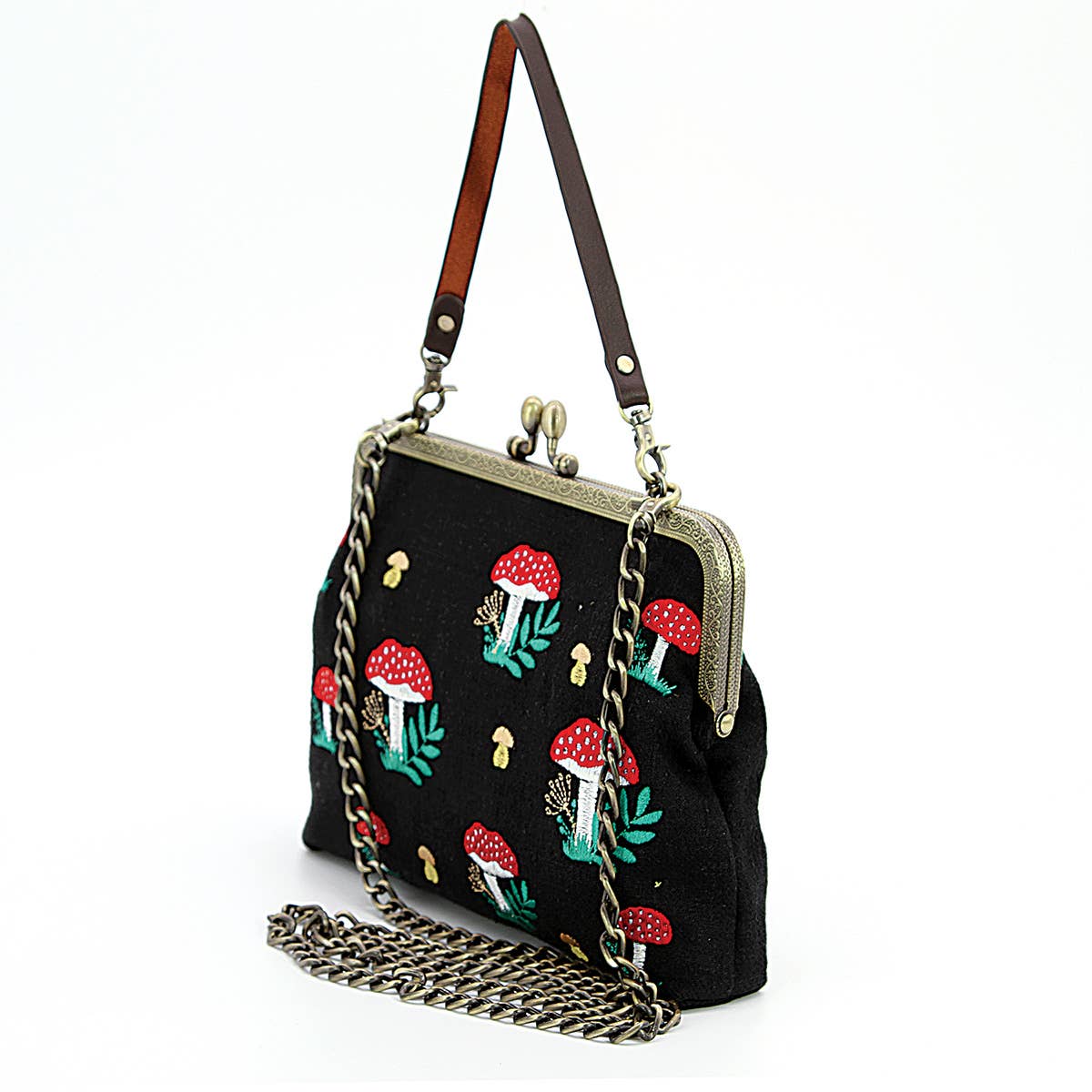 Mushrooms Kisslock Frame Handbag in Cotton: Black-2