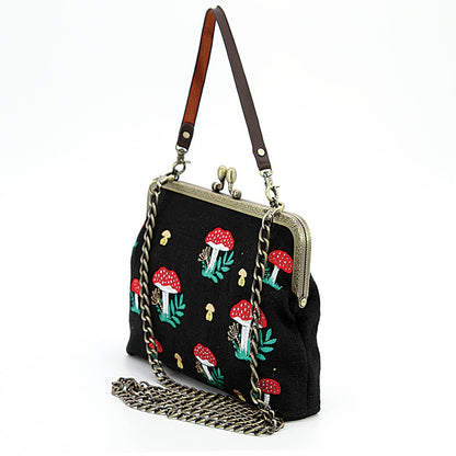 Mushrooms Kisslock Frame Handbag in Cotton: Black-2