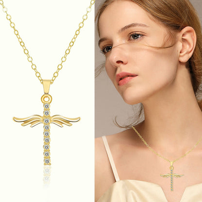 Simple Cross Diamond Angel Wings Pendant-1