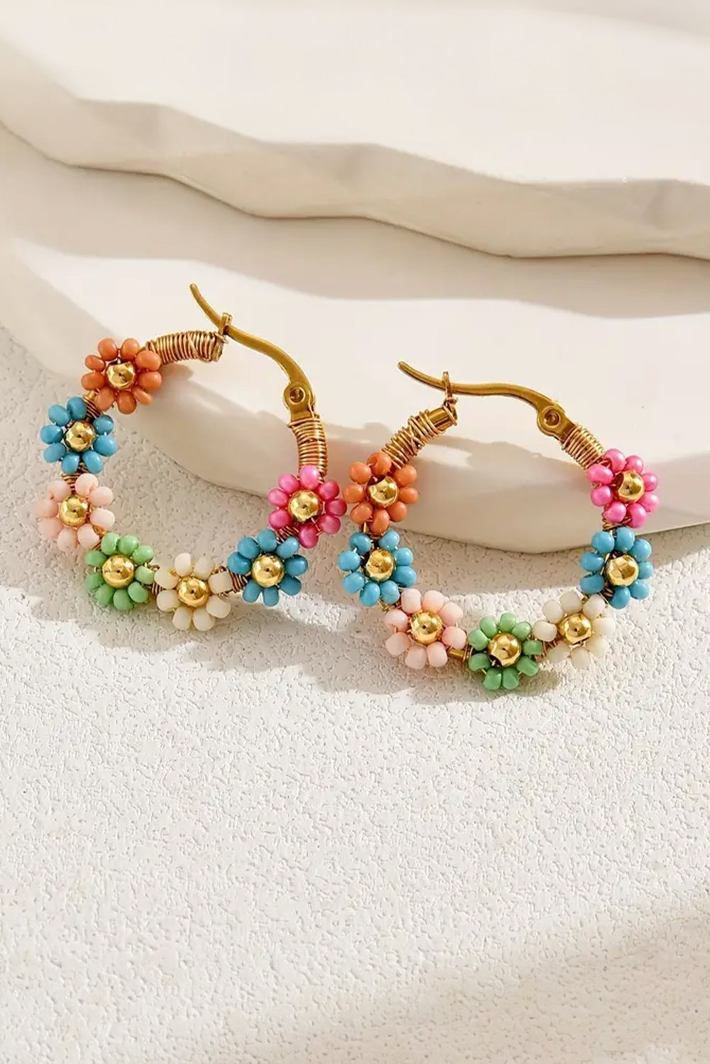 Pink Colorful Flower Hoop Earrings-1