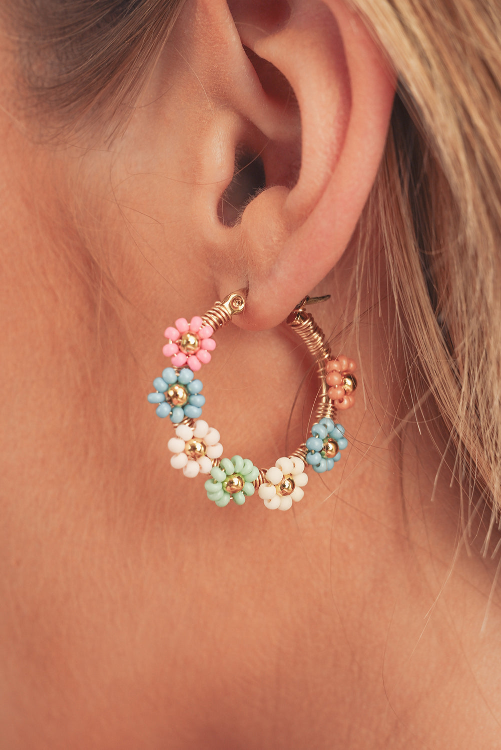 Pink Colorful Flower Hoop Earrings-0