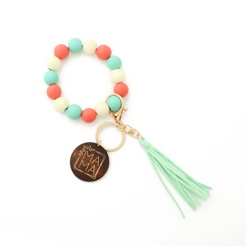 Coral and Mint Mama Wood Bead Tassel Bracelet Keychain-0