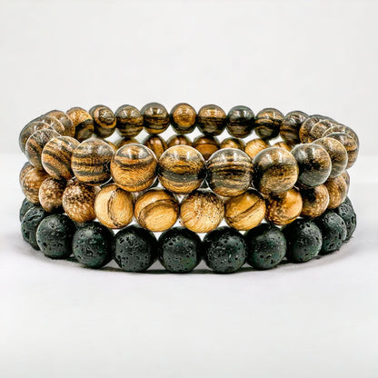 Premium 3 Pack Beaded Bracelet Stack - Sandalwood &amp; Lava Rock-4