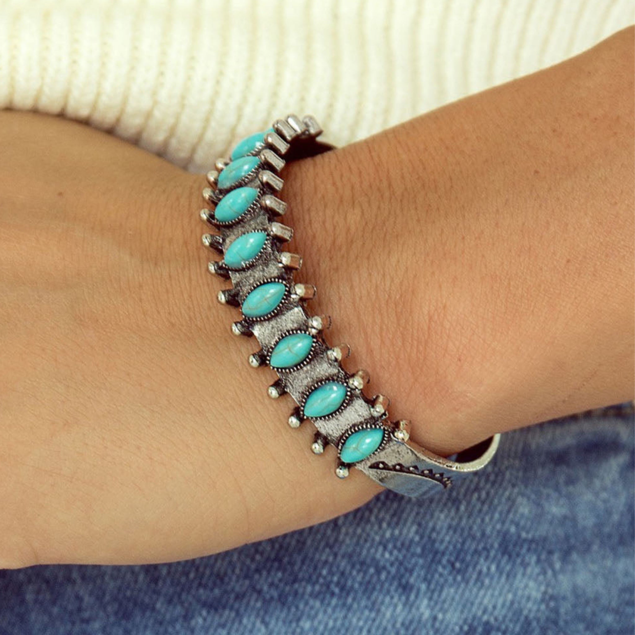 Turquoise Gem Open Cuff Boho Bracelet | Base Metal &amp; Beads