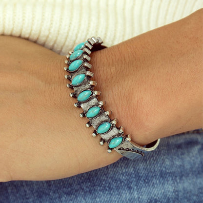 Turquoise Gem Open Cuff Boho Bracelet | Base Metal &amp; Beads