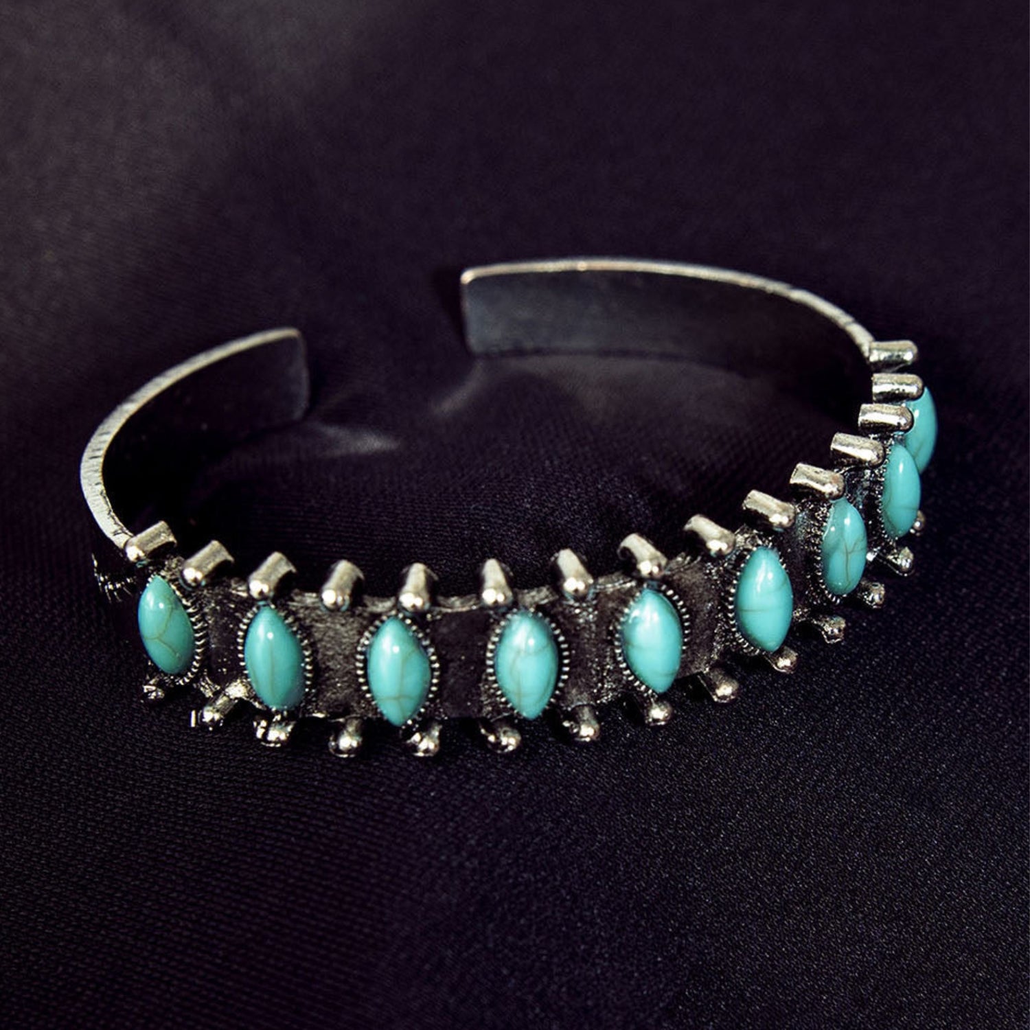 Turquoise Gem Open Cuff Boho Bracelet | Base Metal &amp; Beads