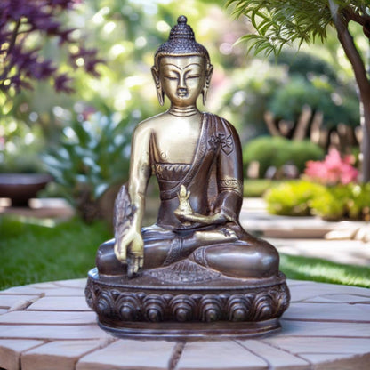 Medicine Brass Buddha Sitting On Lotus in Meditation Pose