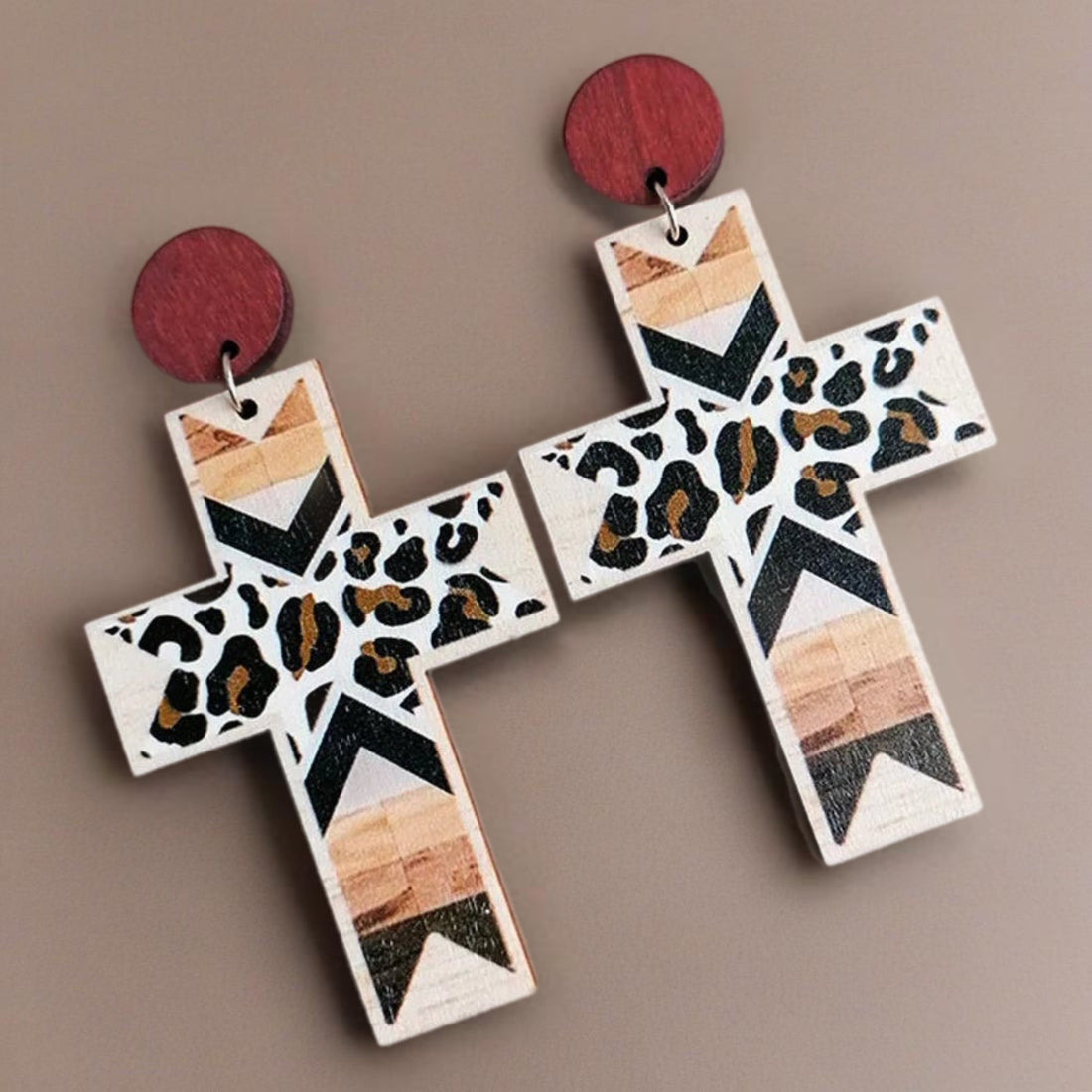 Boho Wood Earrings | Leopard Print Cross - HartCentered