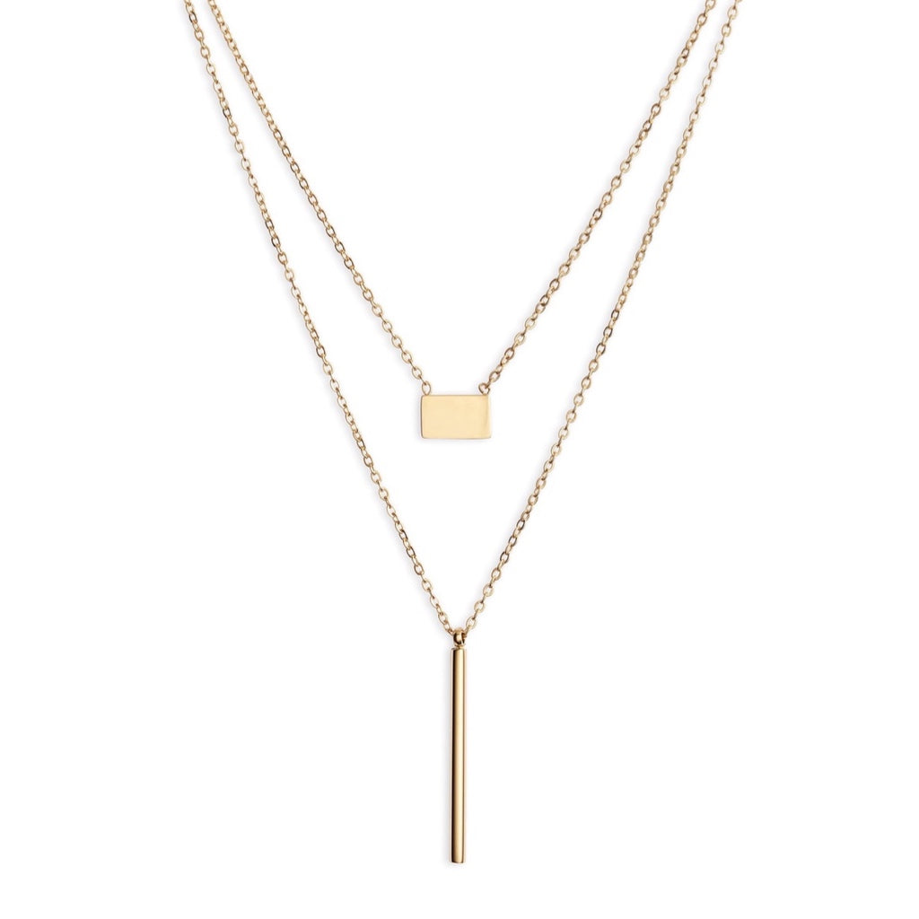 Double Strand Bar Drop &amp; Plain Charm Necklace | Gold-Tone Stainless Steel - HartCentered