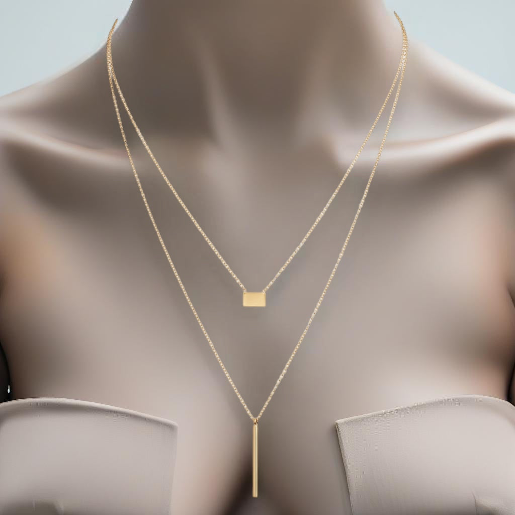 Double Strand Bar Drop &amp; Plain Charm Necklace | Gold-Tone Stainless Steel - HartCentered