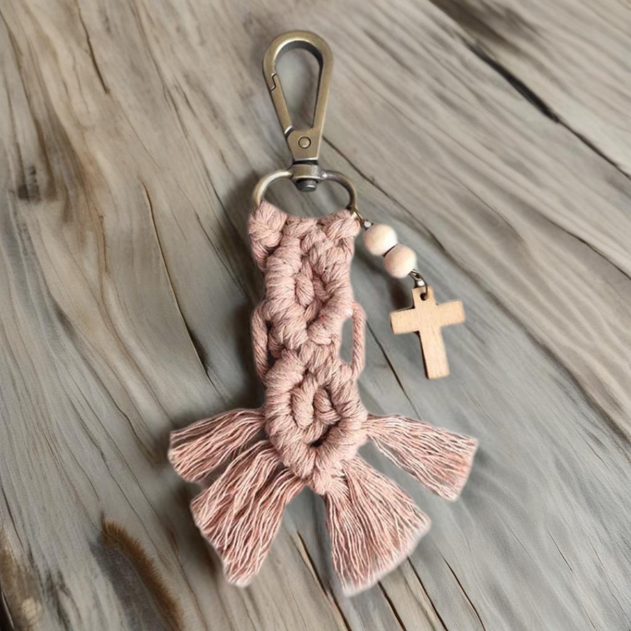 Macramé Tassel Keychain | Wood Beads and Cross