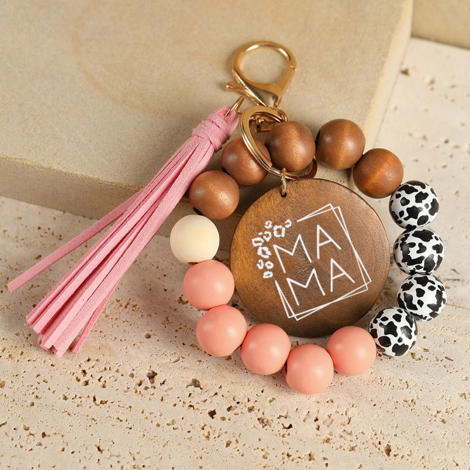 Pink, Wood &amp; Leopard Bead Mama Tassel | Bracelet Keychain