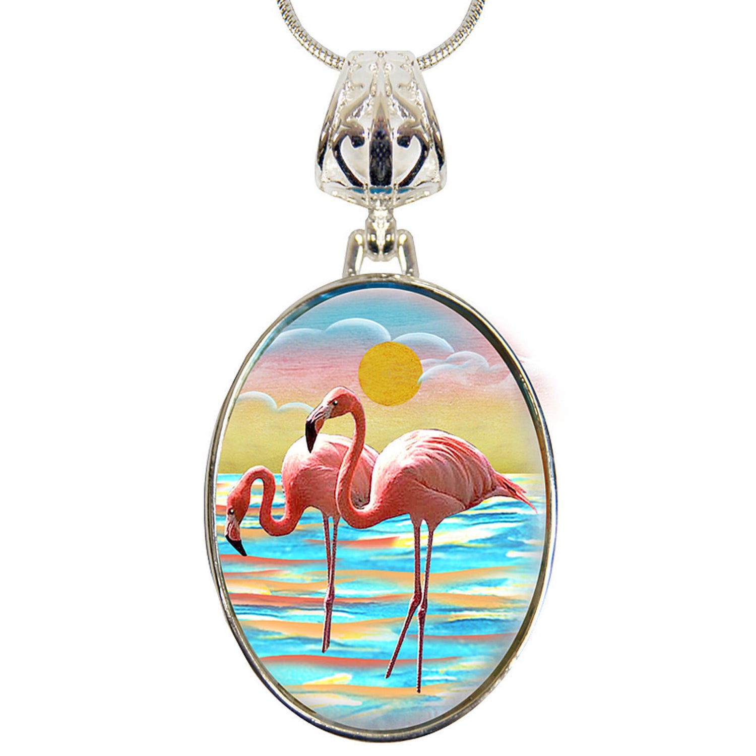 Flamingos Pendant Necklace | Silver Plated | Mother of Pearl