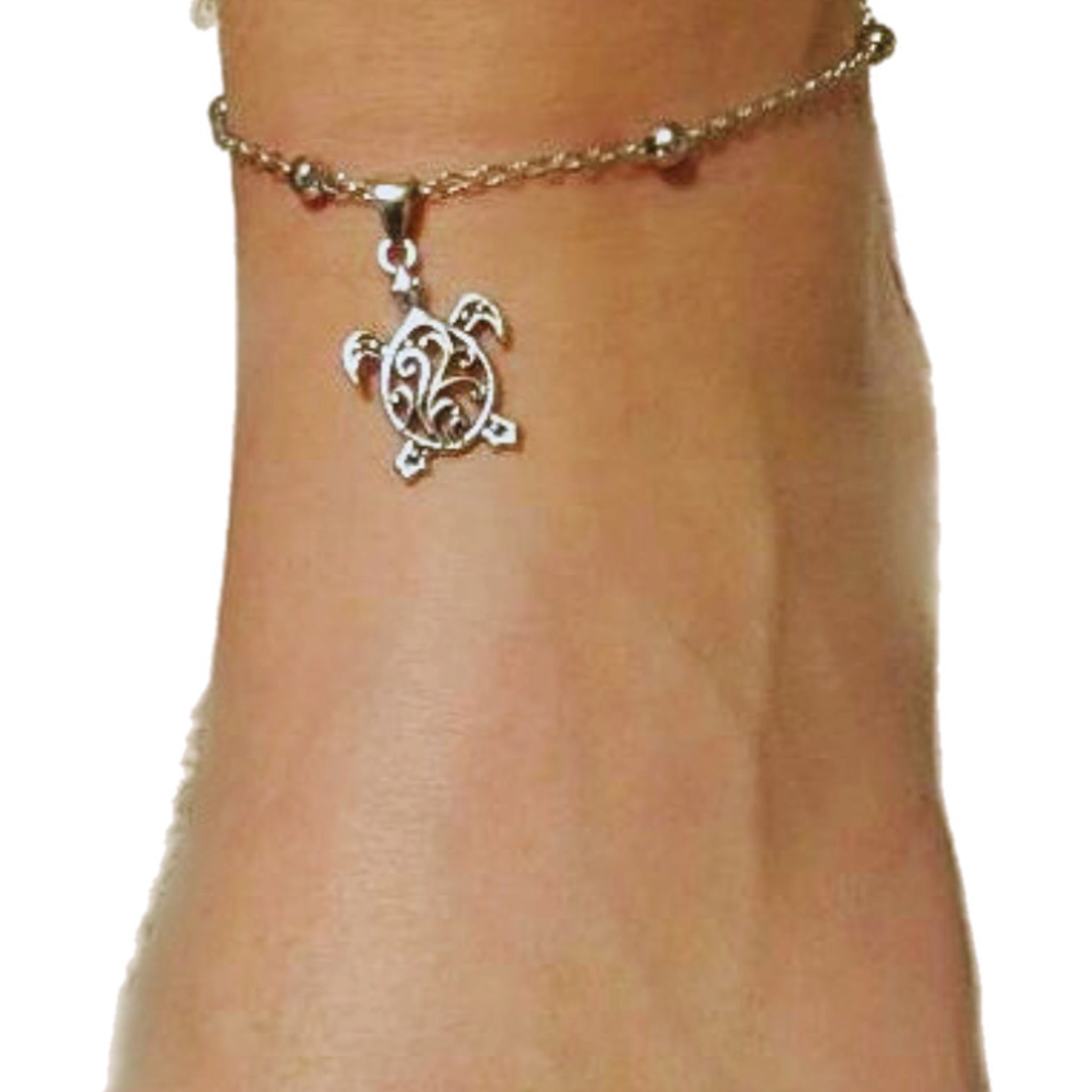 Turtle Beach Anklet | Ankle Bracelet with Swirled Dangling Turtle Charm