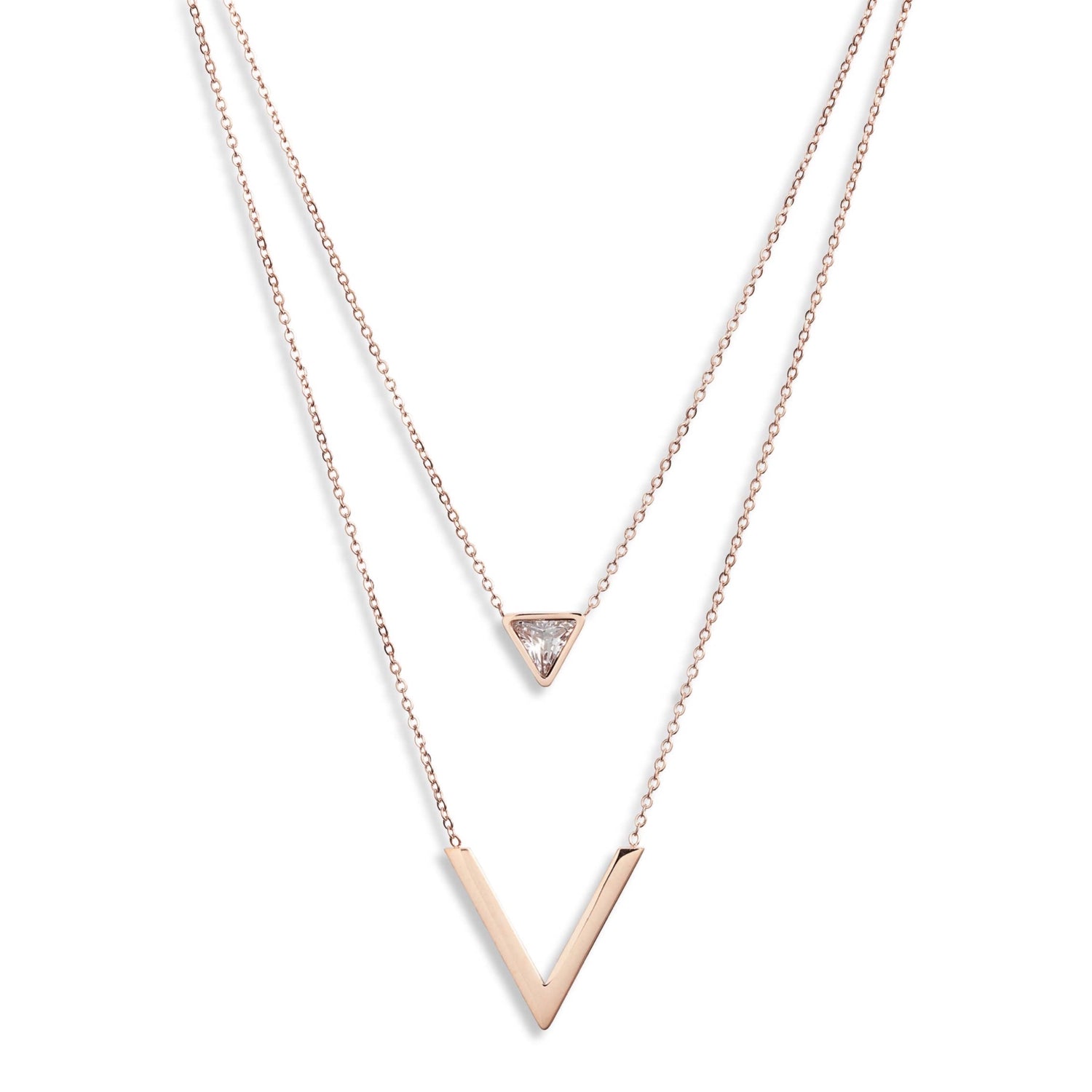 Double Inset V Necklace with Triangle Focal | Stainless Steel &amp; CZ - HartCentered