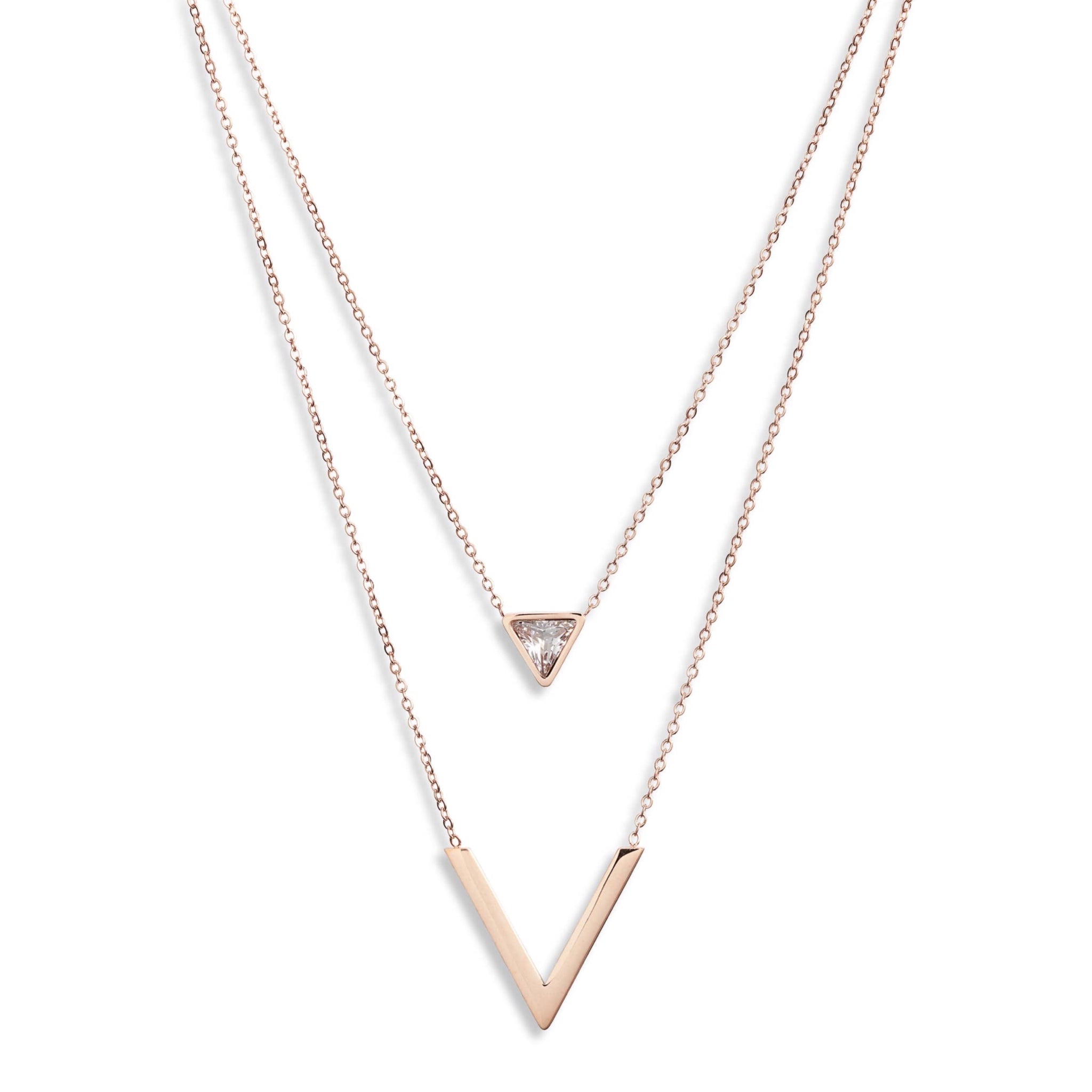 Double Inset V Necklace with Triangle Focal | Stainless Steel &amp; CZ - HartCentered