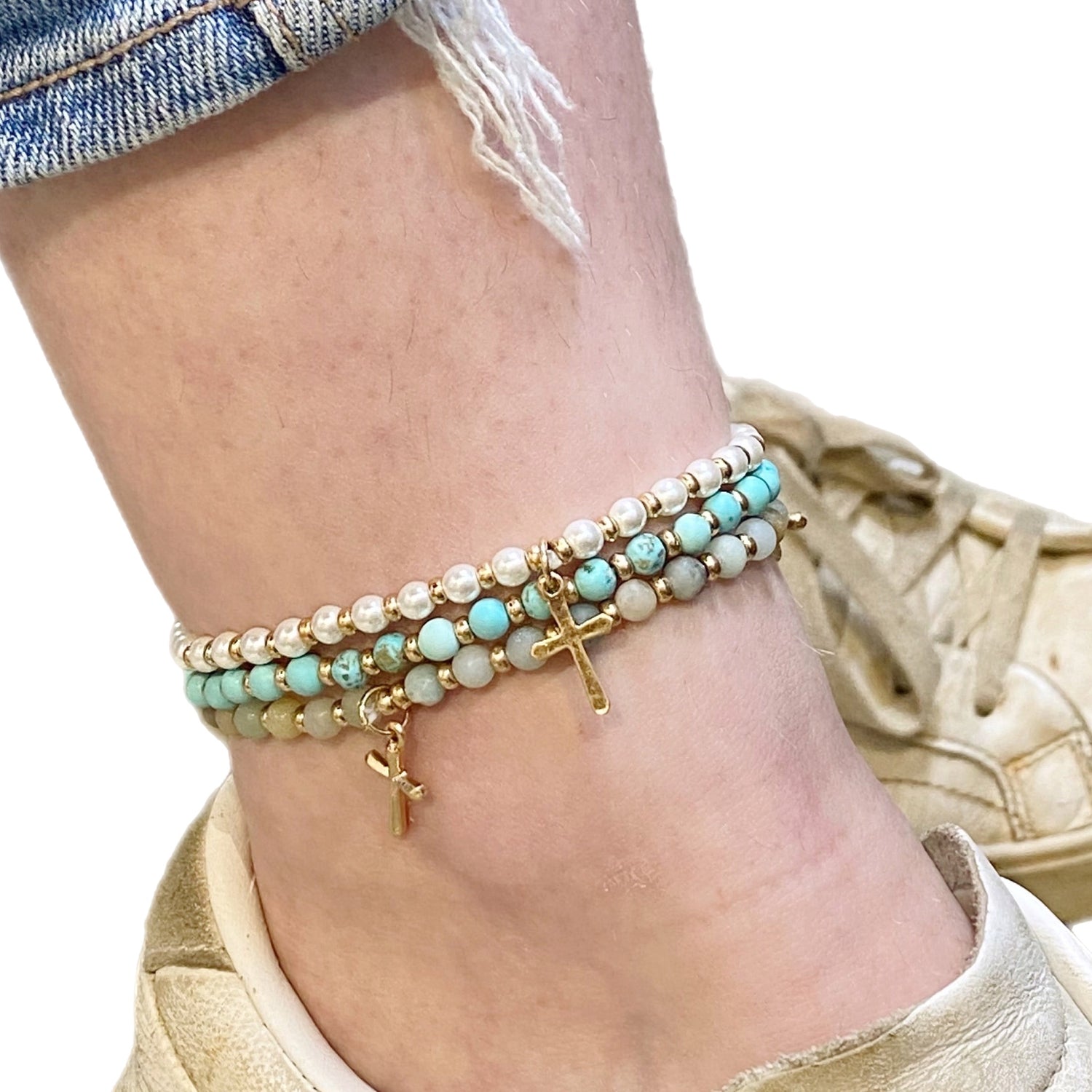 Crystal Beaded Cross Anklet | Gold-Plated Alloy Metal Ankle Bracelet with Semiprecious Stones