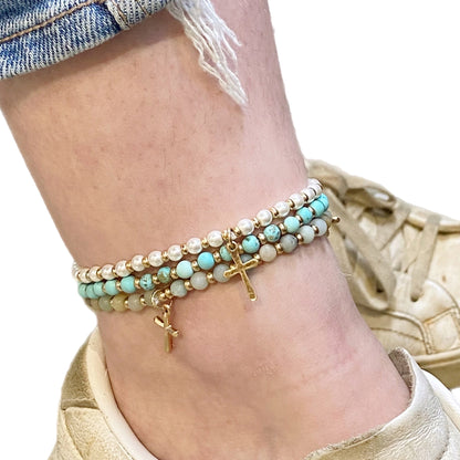 Crystal Beaded Cross Anklet | Gold-Plated Alloy Metal Ankle Bracelet with Semiprecious Stones