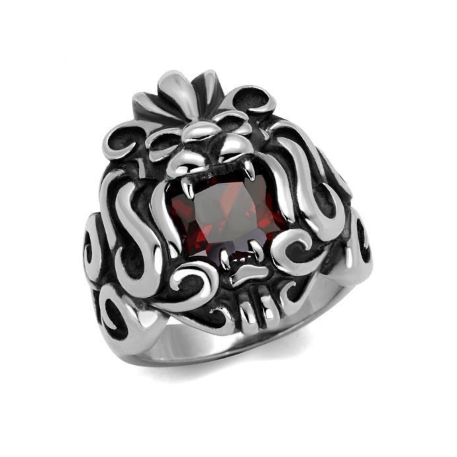 Lion Ring | Stainless Steel with CZ in Garnet