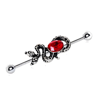 316L Stainless Steel Two-Headed Snake with Ruby Red CZ Industrial Barbell