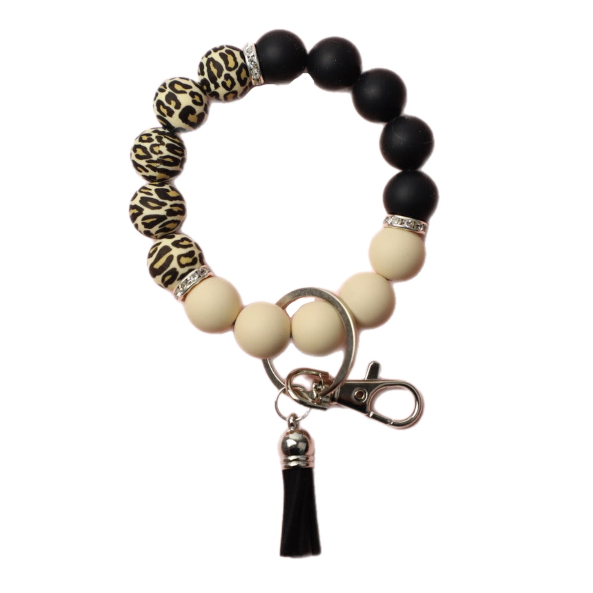 Leopard Silicone Bead Tassel with Rhinestone Accents | Bracelet Keychain