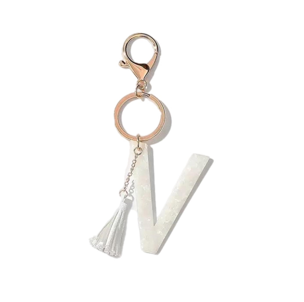 Tasseled Initial Keychain | White