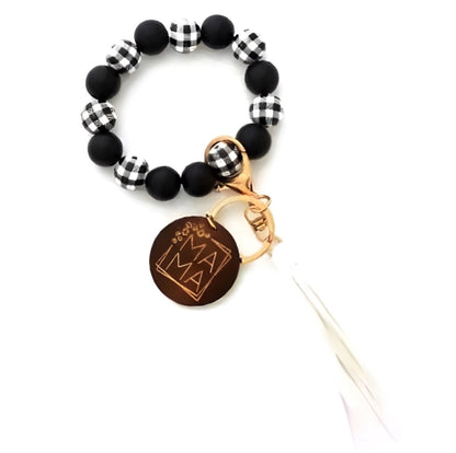 White Buffalo Plaid Mama Wood Bead Tassel | Bracelet Keychain