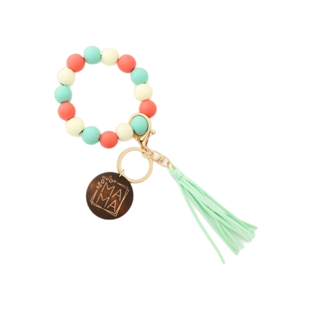 Coral and Mint Mama Wood Bead Tassel | Bracelet Keychain